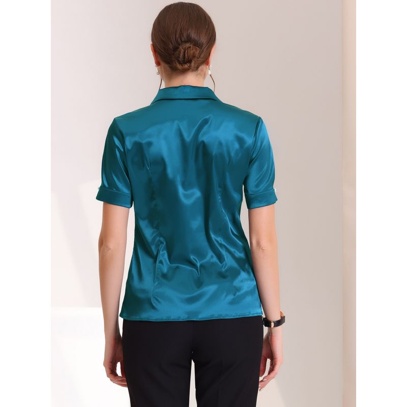Allegra K Women's Satin Summer Work Turndown Collar Pearl Button Decor Short Sleeves Slick Top Blouses, 3 of 6