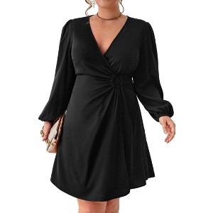 Women's Plus Size V Neck Wrap Dress Casual High Waist Party Business Work Long Sleeve Blazer Midi Dress - 1 of 4