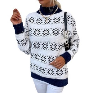 KOJOOIN Women's Christmas Crystal Frost Half-Neck Knit Top Long Sleeve Thermal Snowflake Design Festive Comfort Pullover - 1 of 4