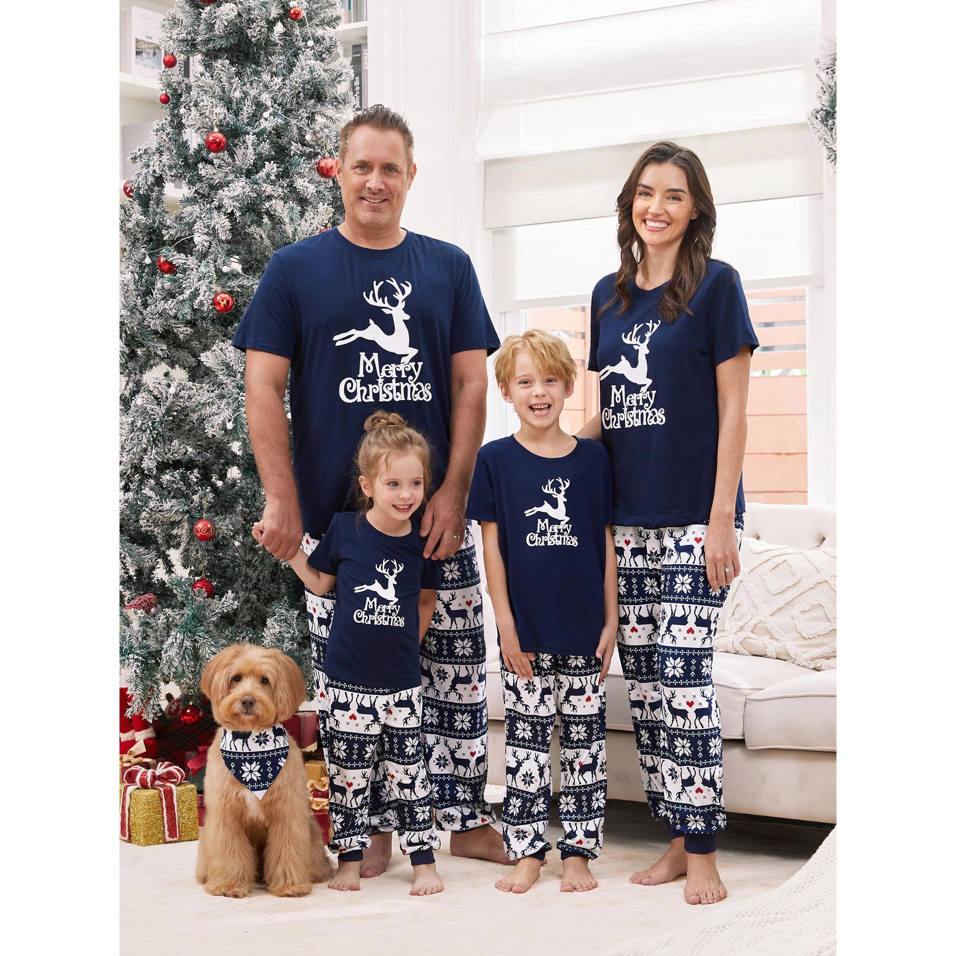 Christmas Reindeer Print Glow in the Dark Family Matching Pajamas Sets with Christmas Socks Deep Blue