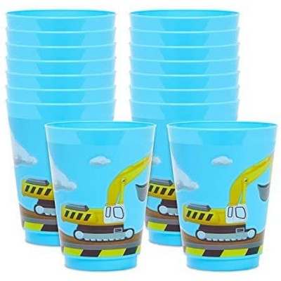 Blue Panda 16 Pack Plastic Tumbler Cups, Construction Birthday Party Supplies (Blue, 16 oz)