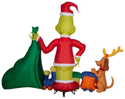 Grinch and Max Christmas Inflatable with Train and Santa Sack