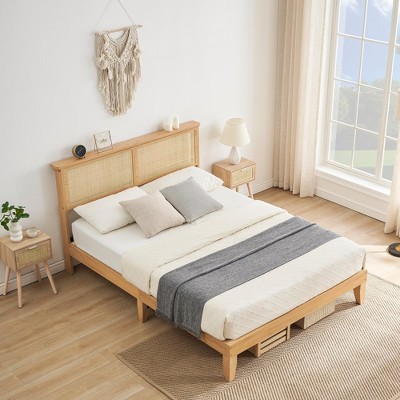 King Size Bed Frame with Natural Rattan Headboard, Cane Bed Frame with Led Lights and Under Bed Storage, Noise Free, No Box Spring Needed