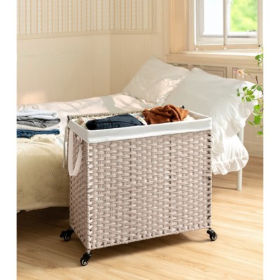 ALEXOUN 160L Wicker Laundry Hamper with Lid,with 2 Removable Bag and Wheels,Multi-Storage Organizer for Laundry Room,Bathroom & Kids Toys,Light Gray