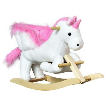 Qaba Kids Rocking Horse, Wooden Plush Ride-On Unicorn Chair Toy with Lullby Song for 18-36 months children