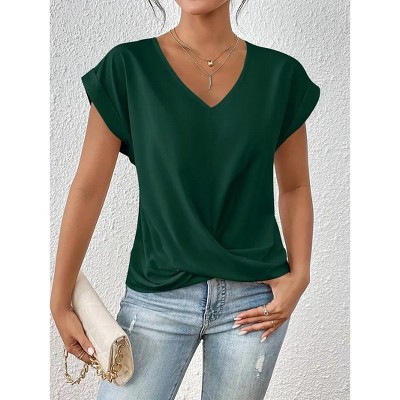 Womens V Neck Tops Knotted Hem Short Sleeve Summer Elegant Blouse Shirts