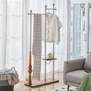 SEVOBAL Industrial Coat Rack with Double Wood Shelves and Stainless Steel Frame for Organized Storage, Brown, 34.6"*11.8"*70" - 1 of 4