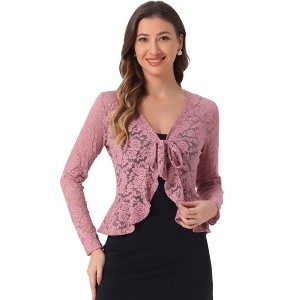 INSPIRE CHIC Women's Tie Front Ruffled Hem Floral Lace Sheer Crop Bolero Shrug - 1 of 4