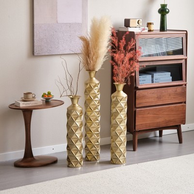 VisioGear Decorative Vases, 3 Pieces Center Vase with 3D Triangle Pattern, Vases for Home Decoration, Gold, 5.9"*5.9"*33.5"