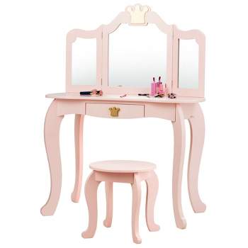 Costway Kids Makeup Dressing Table Chair Set Princess Vanity & Tri-folding Mirror