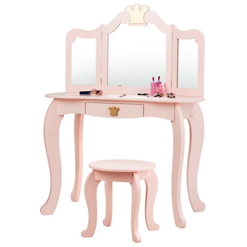 Costway Kids Makeup Dressing Table Chair Set Princess Vanity & Tri-folding Mirror, 1 of 11