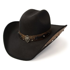 Western Express Black Suede Finish Western Hat with Steer Skull Hat Band and Leather Accents - 1 of 4
