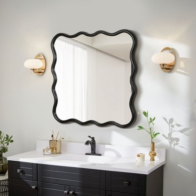 Solid Wood Wavy Rectangle Mirror Modern Mirror Wall Decor for Bathroom, Bedroom, Living Room, Dining Room(Contains Mirror Only)