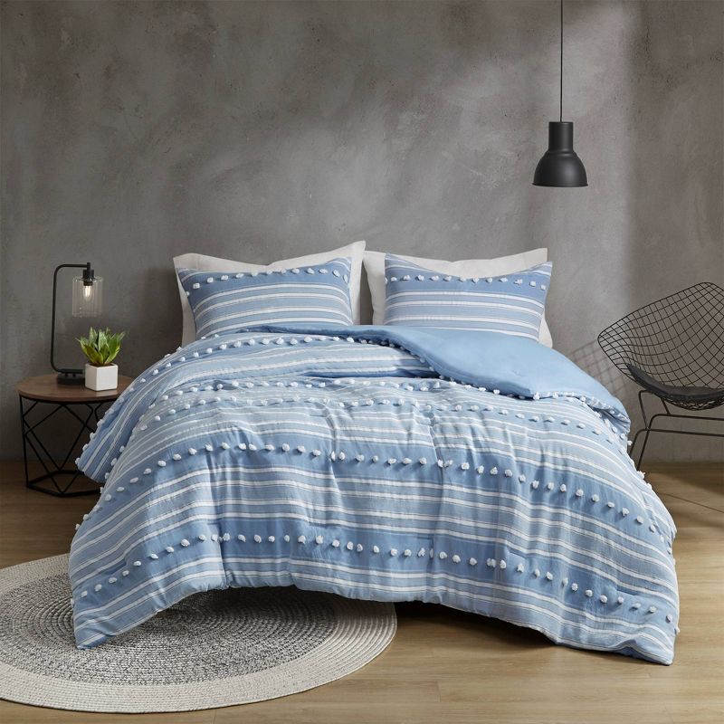 Full/QueenKylar Striped Clipped Jacquard Comforter Set Blue - Urban Habitat: Hypoallergenic, Pom Pom Detail, Machine Washable, 2 of 9