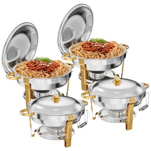 Warmounts 5QT Gold Accent Round Chafing Dish Buffet Set Food Warmer with Steel Lids & Holders - 1 of 4