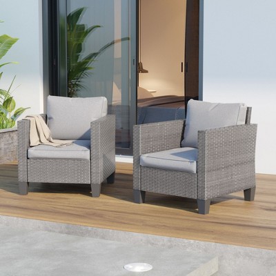 Sonkuki Outdoor 2 PCS Patio Rattan Furniture Set 2 Rattan Chair W/Soft Cushions