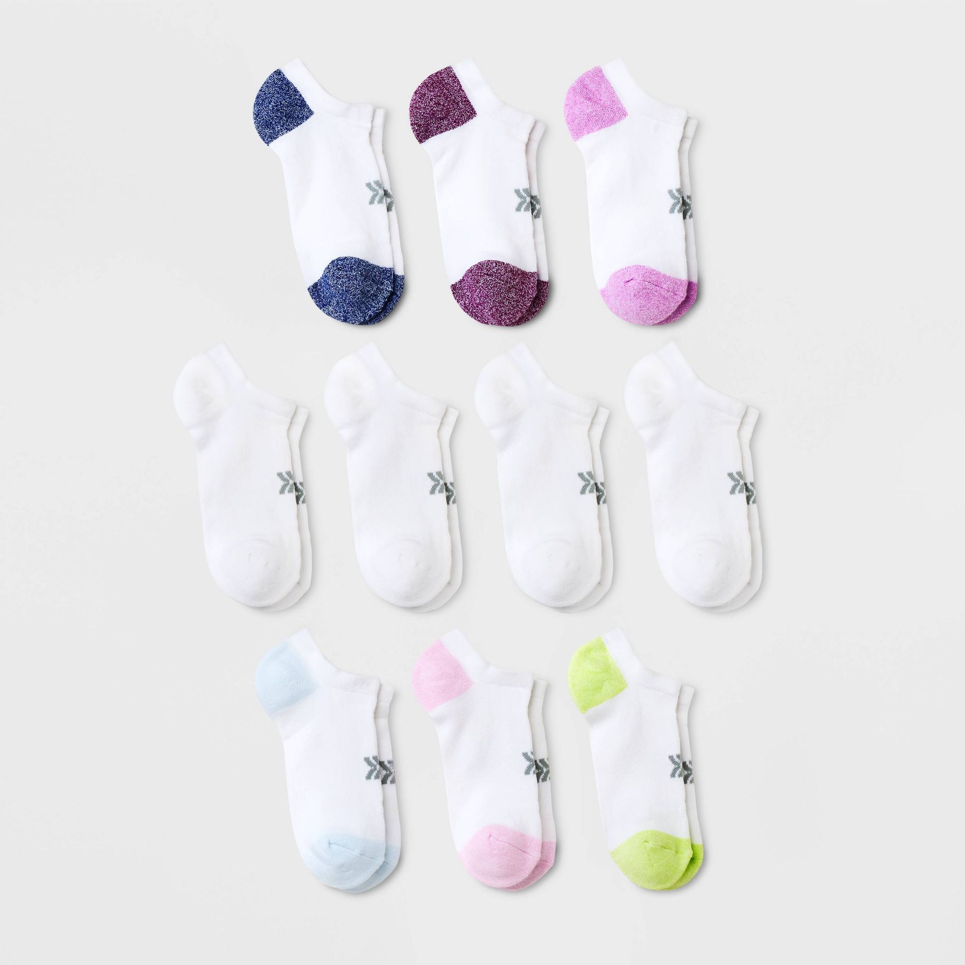 Women's 10pk Cushioned Marled Heel/Toe No Show Socks - All In Motion™ White 4-10: Cotton Blend, Y-Heel Stitching