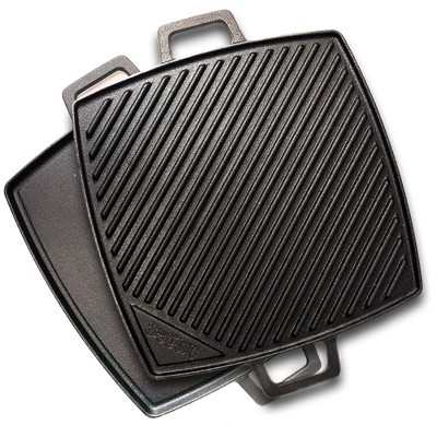 Bayou Classic 7444 10.5-in Cast Iron Reversible Square Griddle Features Flat Side and Ribbed Grill Side Perfect for Large Batch Breakfast Burgers