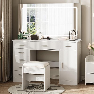 Vanity Desk with Mirror and Lights, with 7 Drawers, 3 Light Modes & Brightness Adjustment, Dressing Table with Hair Dryer Holder for Bedroom