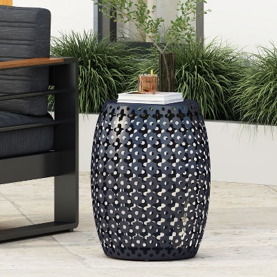 CAVINAS Steel Patio End Round Table with Hollow Drum Design, Accent Table for Outdoor and Indoor Use, Black