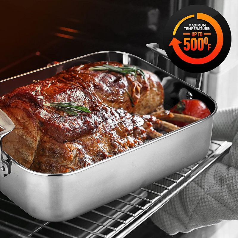 NutriChef Roasting Pan with Polished Rack, Wide Handle, and Stainless Steel Lid, 5 of 9
