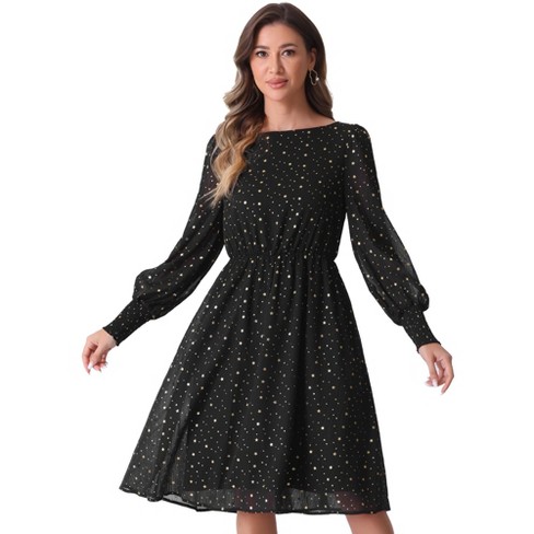 Allegra K Women's Puff Long Sleeve Elastic Waist Glitter Stars Boat Neck Mesh Dress - image 1 of 4