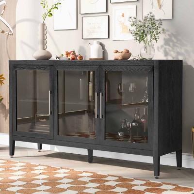 Wood Storage Cabinet With Three Tempered Glass Doors And Adjustable Shelf, Modern Accent Cabinet-Cuddlewood