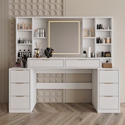 Vanity Table Modern with Lighted Mirror and 8 Drawers for Bedroom - 3irtyhousy