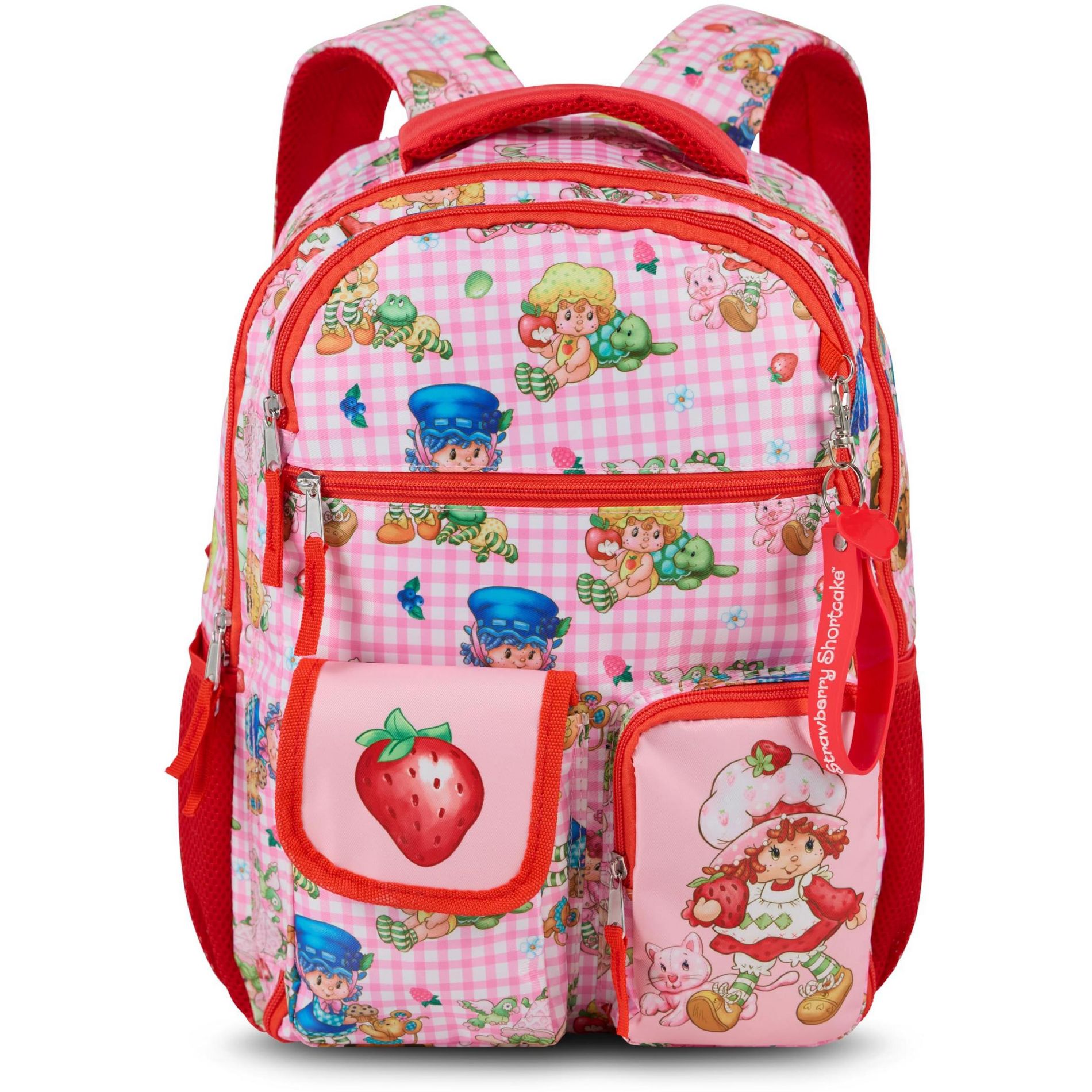 Strawberry Shortcake Backpack for Girls, Multi Pocket Bookbag with Padded Laptop Pocket & Strawberry Charm Dangle, Pink