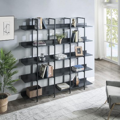 5 Tier Bookcase, Vintage Industrial Bookshelf with Metal Frame & MDF Board, Open Display Storage Rack for Living Room, Bedroom, Office, Black