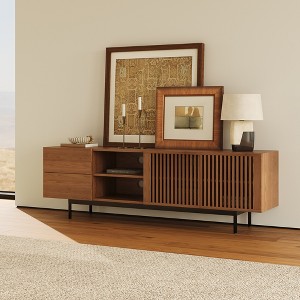 POVISON Mid-Century Modern TV Stand, Louvered Wood Entertainment Center with Slatted Doors, Open Storage,70.87" - 1 of 4