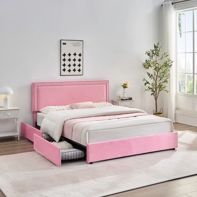 VECELO Upholstered Platform Bed Frame Platform with 4 Storage Drawers, Adjustable Velvet Rivets Headboard