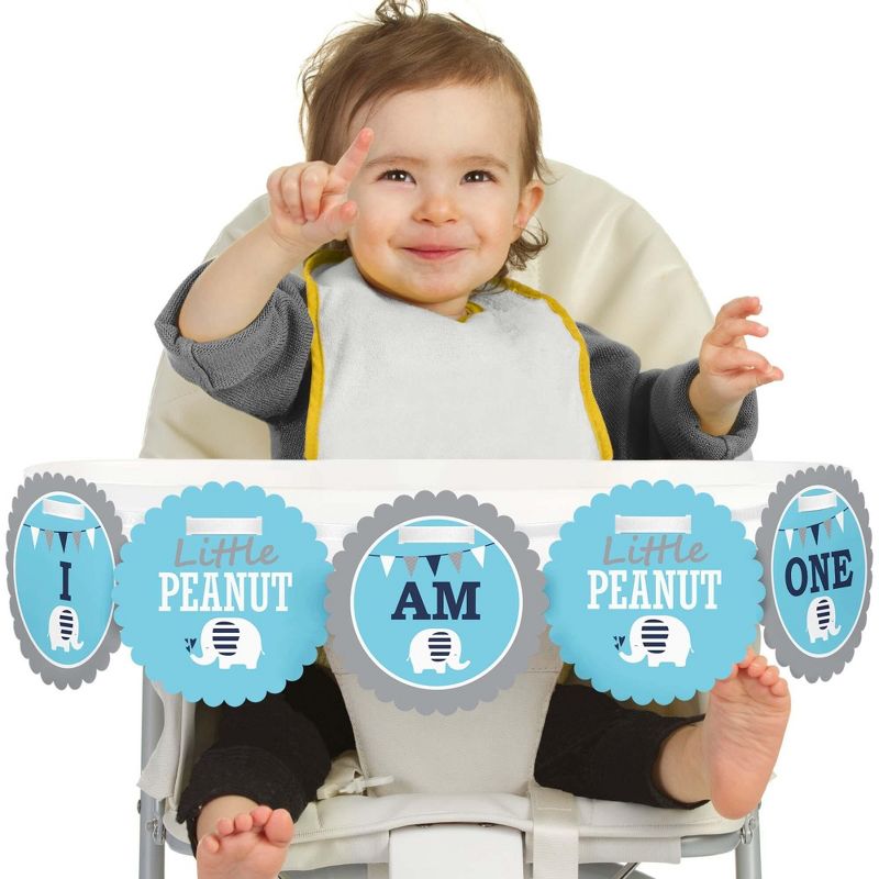 Big Dot of Happiness Blue Elephant 1st Birthday Highchair Decor - I Am One - Boy First Birthday High Chair Banner, 1 of 5