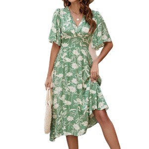Womens Summer Dresses Flutter Sleeve A Line Floral High Waist Midi Dress V Neck Smocked Waist Flowy Dress Beach Dress Resorts Outfits - 1 of 4