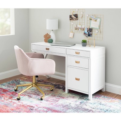 48" White Campaign Style Desk with Gold Hardware and Storage
