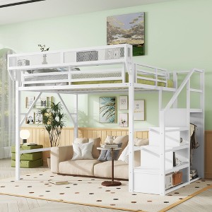 TIRAMISUBEST Full/Queen Size Loft Bed with Stairs, Metal Full Loft Bedframe with Storage Shelves, High Loft Bed with Wardrobe for Kids Teens - 1 of 4
