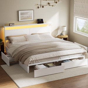 WOWLIVE Platform Bed Frame Queen/Full/King Size with 4 Drawers, Charging Station and LED Light, Wood Platform Bed with Storage Headboard - 1 of 4