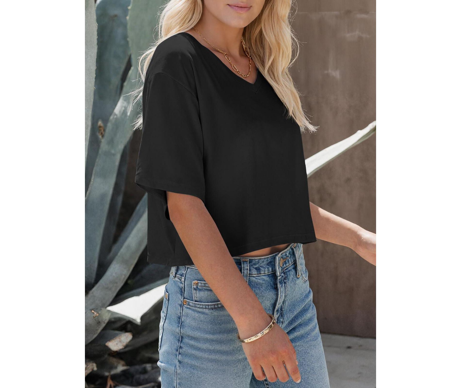 Imily Bela Everyday Crop Tee Womens V Neck Half Sleeve Soft Summer T Shirt Casual Basic Top