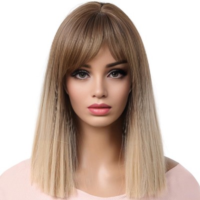 Jessie's Wig 16 Inch Straight Short Bang Bangs With Wig Non Lace Synthetic Hair Ombre Brown to Blonde 1 Pc/Pack