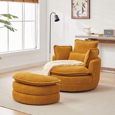 38"W Oversized Corduroy Swivel Chair with Moon Storage Ottoman, Modern Accent Round Loveseat Circle Barrel Chairs with 4 Pillows 4Q-ModernLuxe