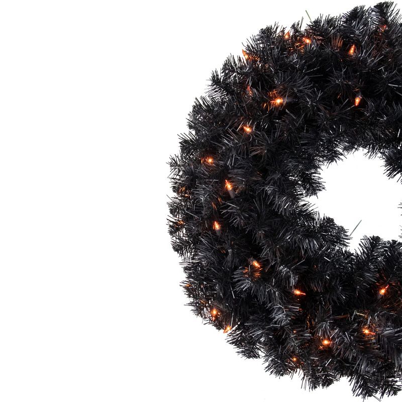 Northlight Pre-Lit Black Noble Spruce Artificial Halloween Wreath, 24-Inch, Orange Lights, 4 of 6