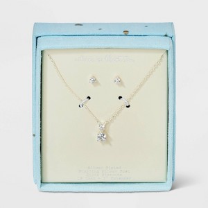 Silver Plated Cubic Zirconia Drop Pendant Necklace and Stud Earring Set 2pc - A New Day™ Silver - 1 of 4