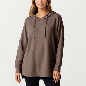 Anna-Kaci Women’s Long Sleeve Waffle Knit Hoodie Top with Kangaroo Pocket Soft Relaxed Fit Drop Shoulder Design - 1 of 4