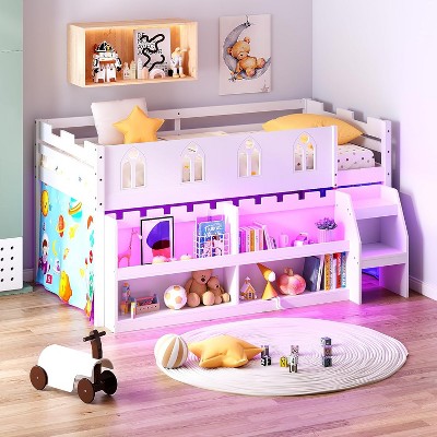 JOYMOR Low Loft Bed Twin Size with LED Lights, 4 Storage Shelves, Removable Curtain, Kids Wood Loft Bed with 15" H Safety Guardrail