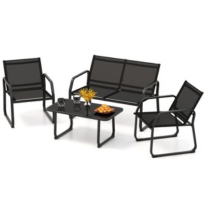 Tangkula 4 PCS Patio Conversation Set w/ Breathable Fabric Seat Tempered Glass Tabletop - 1 of 4