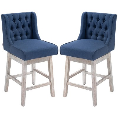 Blue 27" Swivel Bar Stools (Set of 2), Counter Height, Linen Upholstery and Button Tufted Design