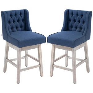 Blue 27" Swivel Bar Stools (Set of 2), Counter Height, Linen Upholstery and Button Tufted Design - 1 of 4