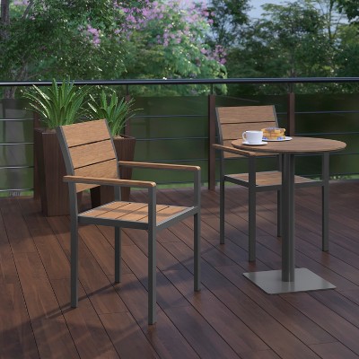 Gray Metal Patio Dining Chair with Natural Faux Teak Slats