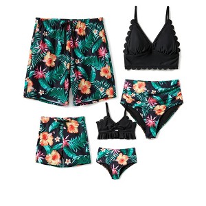 PATPAT Family Matching Solid Scallop Trim Strappy Two-Piece Swimsuit and Allover Floral Print Swim Trunks Shorts - 1 of 4