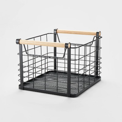 Divided Wire Caddy Basket With Wood Handle Black - Brightroom™ : Target